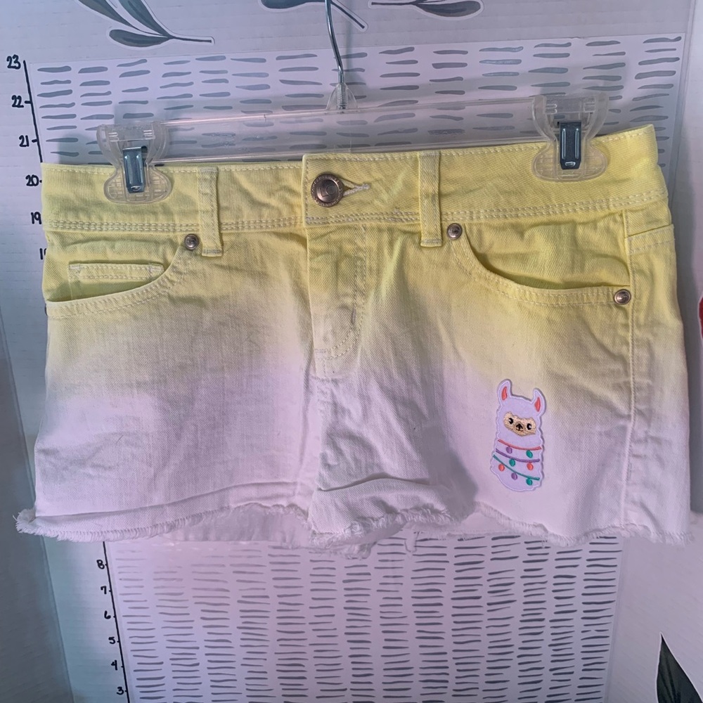 Yellow to White Ombre Denim shorts with Llama Patch Upcycled
